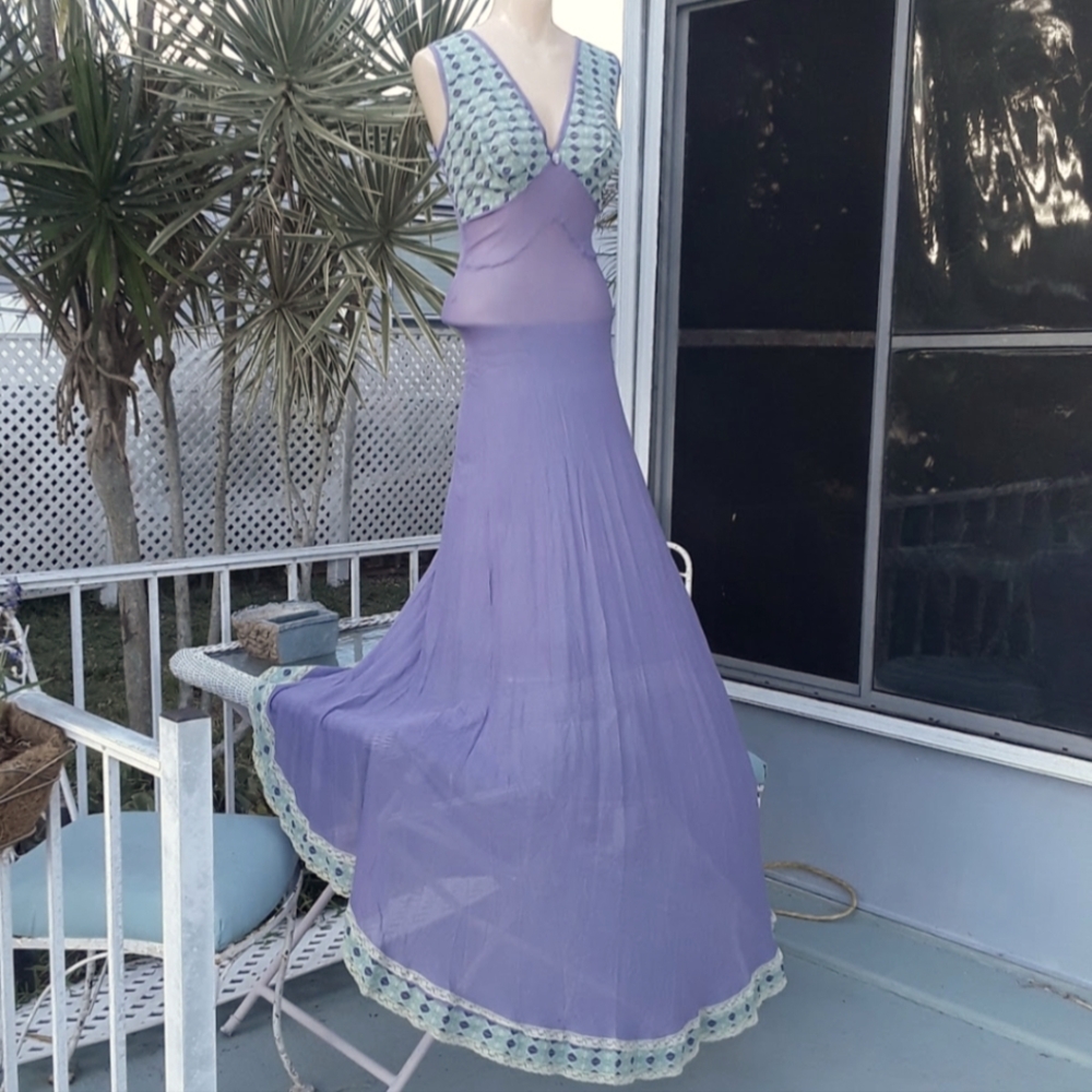 PENDING Vintage Lavender Purple Jersey Floral Lace Bias Gown Nightgown Handmade